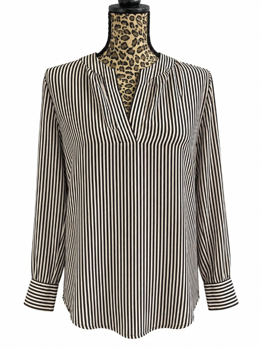 INC International Concepts Black Cream Striped V-Neck Blouse Top M